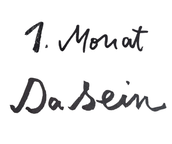 In schwarzer Schreibschrift auf weißem Hintergrund steht: 1. Monat DaSein
